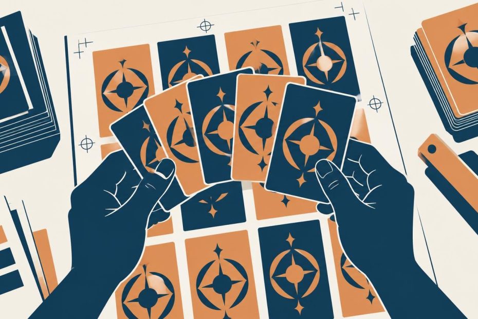 Duotone illustration of two hands arranging a fan of patterned trading-card backs over a printed proof sheet, with stacks of cards and a ruler-like tool nearby.