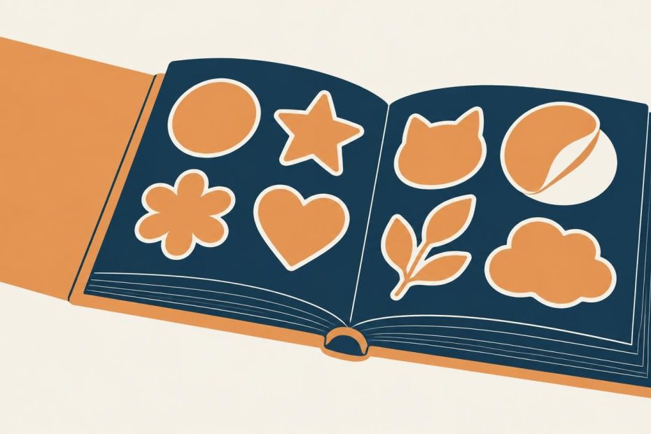Duotone illustration of an open navy-blue sticker book with orange cover edges and orange stickers shaped like a circle, star, cat, flower, heart, leaves, cloud, and striped ball on warm white paper.