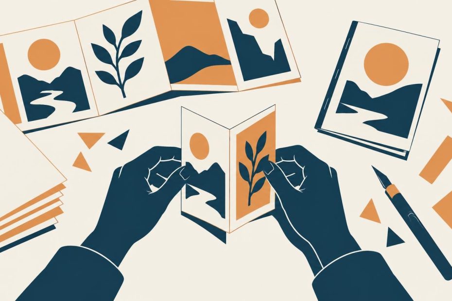 Duotone editorial illustration of hands folding a small illustrated booklet, surrounded by stacks of paper, landscape art cards, a pen, and scattered geometric paper pieces in midnight blue and copper orange on warm white.